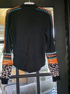 Free People Black Crew Sweater with Orange, Teal & Navy Crochet Sleeves